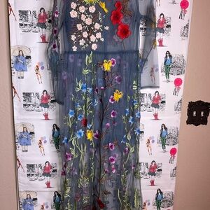 BlueOxy Sheer Embroidered Dress with Red Floral Appliqués